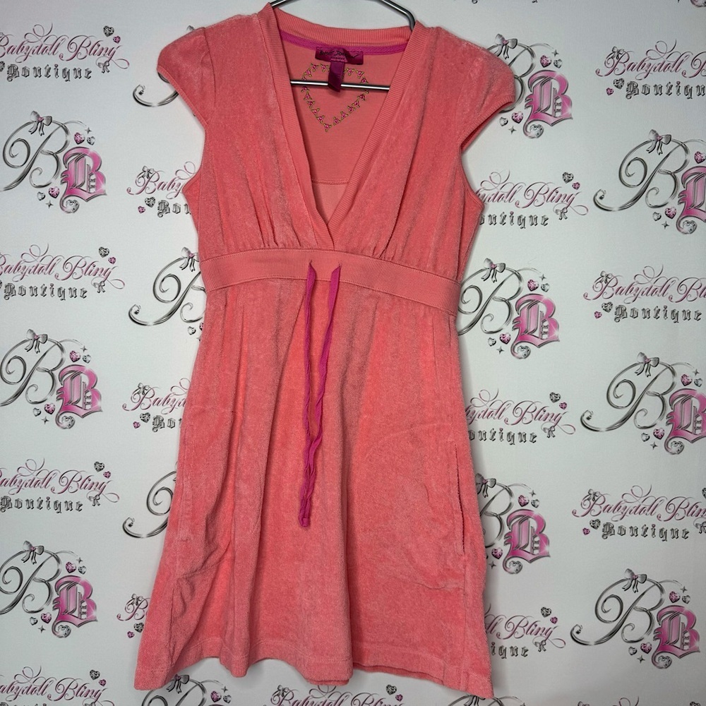 Betsy Johnson dress terry cloth towel sexy v neck tie up bust peach coral pink